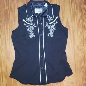 Roper Black Sleeveless Western Button-Down Shirt with White Embroidery